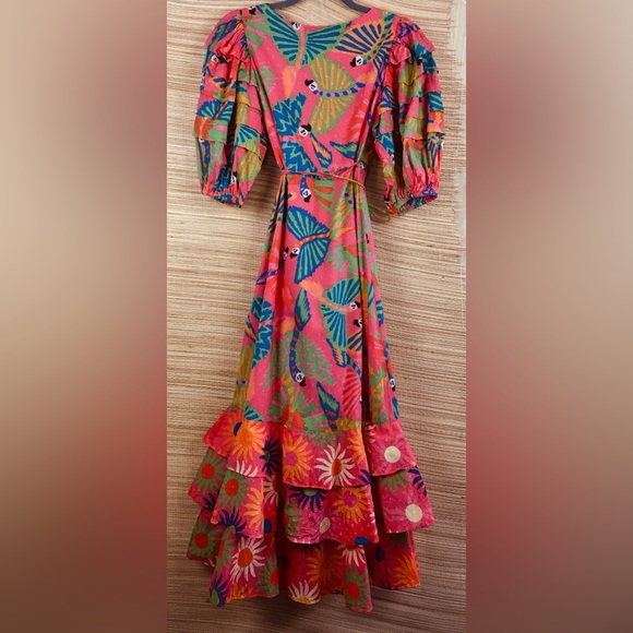 Farm Rio Macaw Ruffled Wrap Dress  100% Cotton In Coral Size XXS - Picture 8 of 16